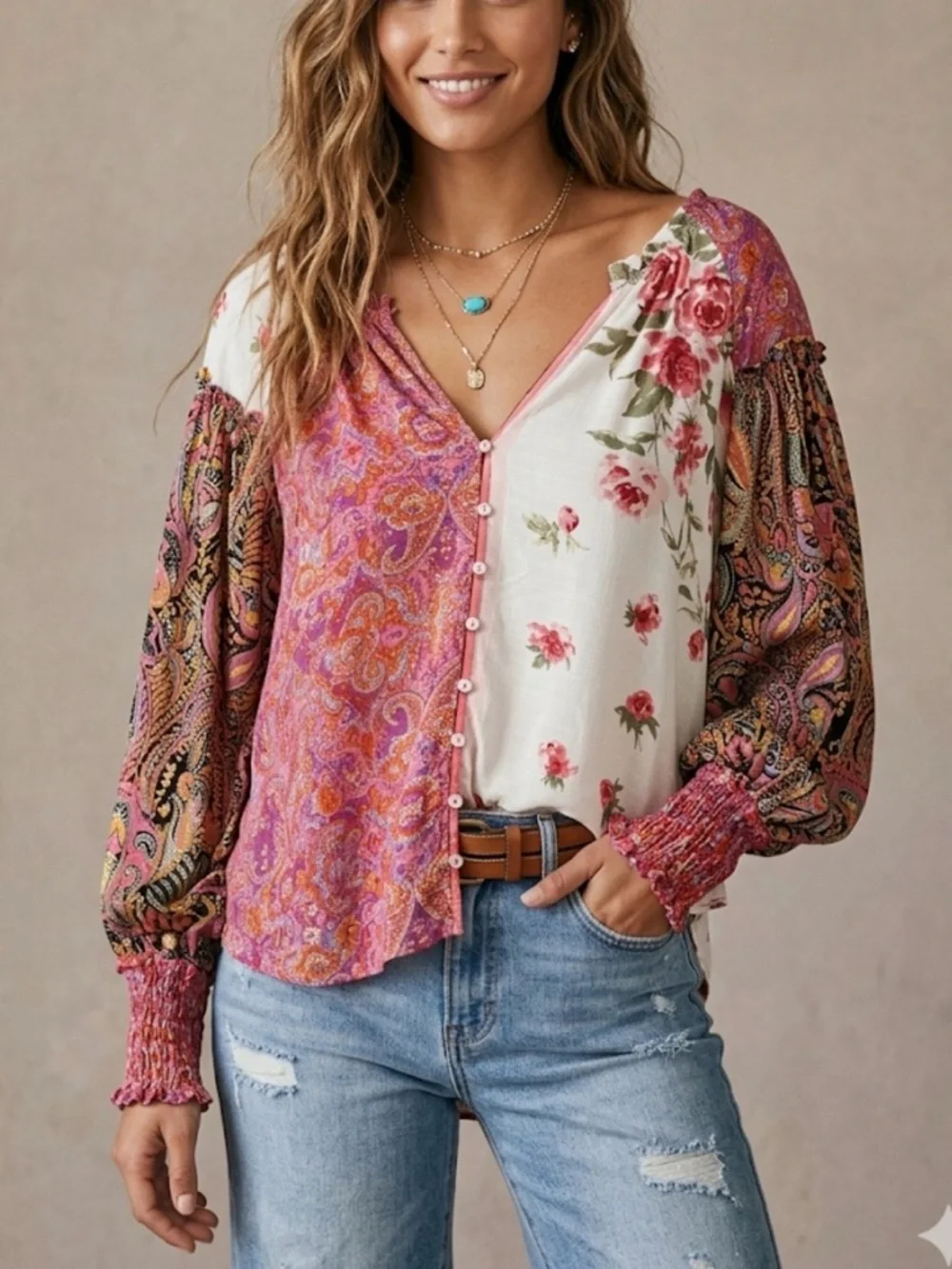 Free People Gemini Patchwork Boho Blouse Paisley & Floral Button-Front Blouse - Picture 1 of 12